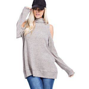 NEW 143 Story Sand Cold Shoulder Turtle Neck Top TK629
